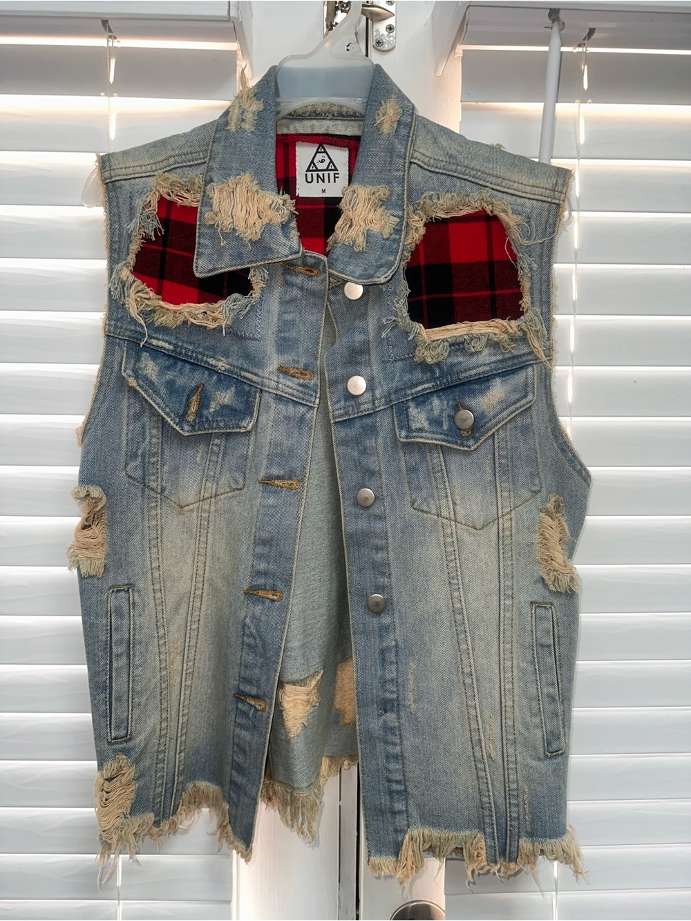 UNIF Light Blue Distressed Denim Vest with Red Plaid Insets